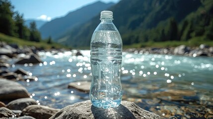 Refreshing bottled water with a clear view of a natural river and mountains in the background