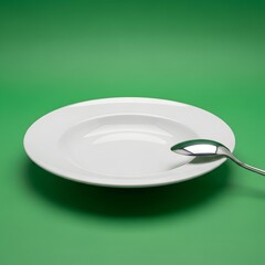 A clean, empty white plate with a shiny spoon resting on its edge against a vibrant green background, perfect for food presentation or dining themes