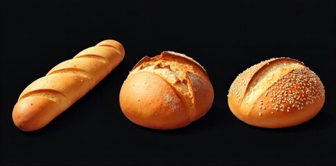 Still life arrangement of various bread types, all generously topped with sesame seeds, arranged artfully. A still life arrangement of three distinct artisanal bread types (e.g., a baguette, a round
