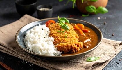 Delicious Japanese Katsu Curry with Crispy Fried Pork Cutlet and Steamed Rice.