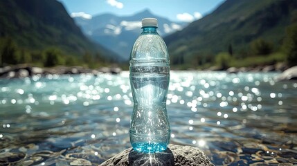 A clear bottle of pure drinking water sits on a stone with a sparkling mountain river and green valley in the background