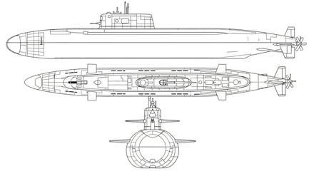 A detailed technical line drawing of a military submarine from side, top, and front orthographic views.