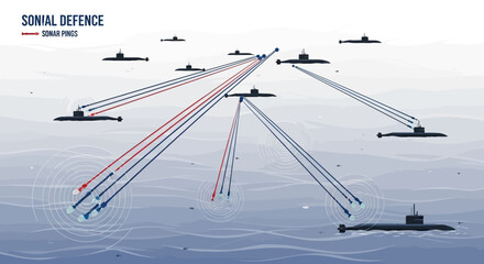 Diagram illustrating sonar defense strategy, depicting submarines and their detection capabilities in the ocean.