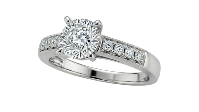 Brilliant cut gemstone and accent diamonds adorn a polished metal band setting