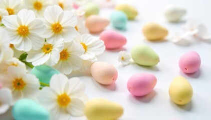 A scattering of pastel colored Easter egg candies and spring blossoms on a clean white background, representing Easter joy. A minimalist studio shot featuring a scattering of soft pastel colored
