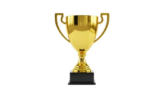 Gleaming golden achievement award rests centered against a solid black background