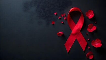 Red ribbon and petals on a dark background, symbolizing love and support for heart disease awareness and prevention efforts