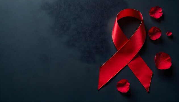 Red ribbon and red petals on a black background, symbolizing Heart Disease Awareness and support for women's heart health