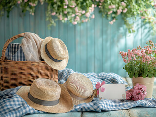 Relaxing Father’s Day Picnic Scene with Hats, Basket, and Card
