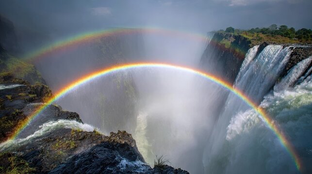 Double Rainbow Arches Over Majestic Waterfall Landscape - Powered by Adobe