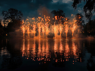 Night Sky Ablaze with Fireworks Reflecting Over a Serene Water Surface