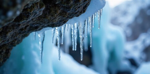 Icicles hanging from a rocky overhang in a frozen waterfall, with subtle blue light. A macro shot focusing on a cluster of long, delicate icicles hanging from a rough, rocky overhang near a frozen