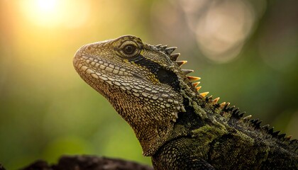 Detailed close up of a green lizard basking in the warm sunlight.