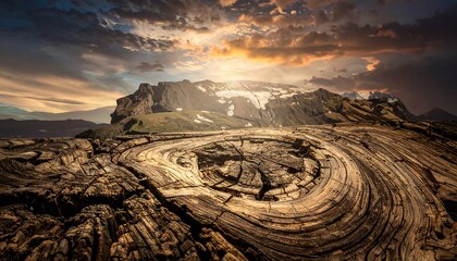 Dramatic Sunset Over Ancient Rock Formations and Mountainous Landscape.