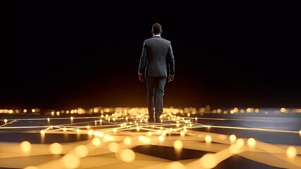 Businessman walking along illuminated path in darkness concept