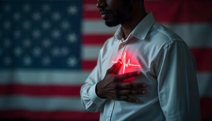 American man with a heartbeat graphic on an American flag, promoting heart health awareness for National Wear Red Day
