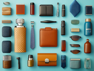 A Collection of Father’s Day Gifts in a Flat-Lay: Grooming Kit, Wallet, and Tie
