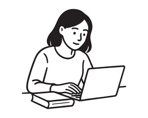 Focused student studying online with laptop and textbook, minimalist illustration for education, technology, and modern learning, great for websites