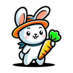 Cute Cartoon Rabbit Character Holding a Carrot with a Hat and Scarf