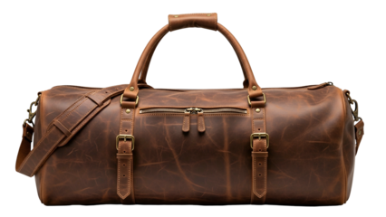 High quality distressed leather duffel bag photographed against a dark background