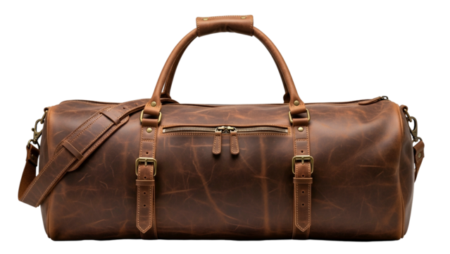High quality distressed leather duffel bag photographed against a dark background