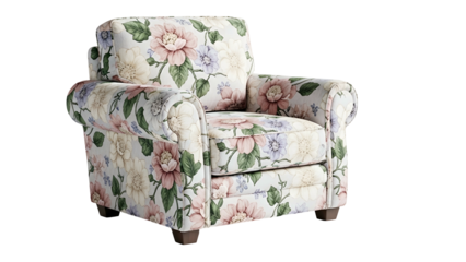 Comfortable single seater upholstered furniture features an allover pastel floral fabric pattern