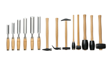 A collection of finely crafted woodworking chisels and various hammers displayed against a dark background