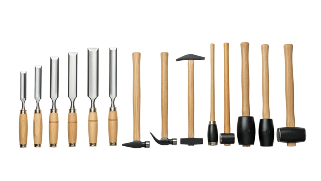 A collection of finely crafted woodworking chisels and various hammers displayed against a dark background
