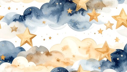 Dreamy Watercolor Sky with Golden Stars and Clouds.