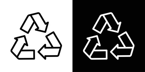 Recycle Symbol icon in black and white stroke on background. Ideal for waste management, eco campaigns, sustainability guides, and environmental awareness designs.