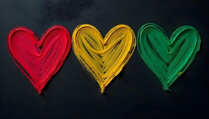Vibrant red, yellow, and green hearts on a black background, embodying African American culture and community strength
