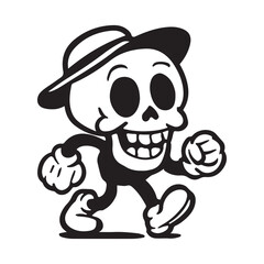 Cartoon skeleton character wearing a hat and shoes in black and white, perfect for Halloween designs or spooky promotions, adding a fun retro vibe
