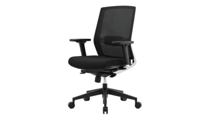 Ergonomic rolling office chair rendered against a stark black background