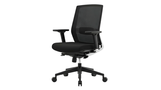 Ergonomic rolling office chair rendered against a stark black background