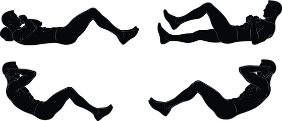 Bicycle crunch exercise silhouette set showing core workout movement, abdominal training pose, fitness routine, gym activity, body strength vector illustration