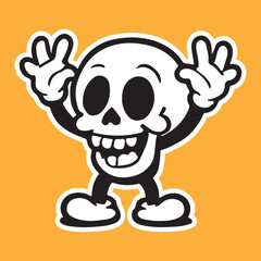 Spooky season fun with this happy cartoon skull character making peace signs against a vibrant orange backdrop perfect for Halloween designs and party invitations