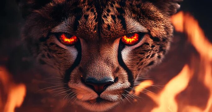 Intense close-up of a fierce cheetah with glowing eyes amidst a fiery background