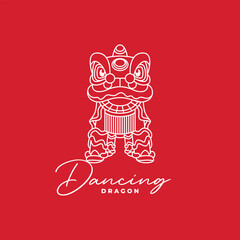 minimalist dancing dragon or lion dance with red background line art icon badge logo vector illustration design. simple modern chinese culture festival logo concept