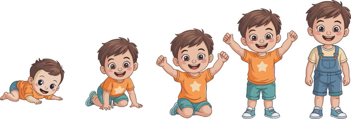 Child growth stages illustration, baby to toddler development, cartoon boy milestones, early childhood progress, physical evolution, educational visual aid © Masum's World