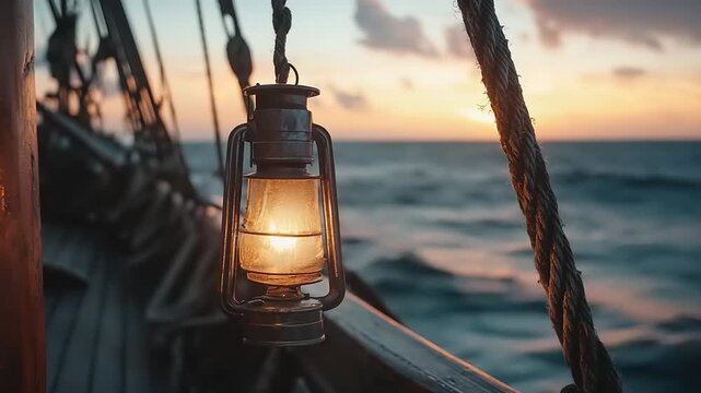Illuminated marine lantern hanging aboard a vessel at sea during sunset