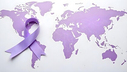 A pink ribbon placed on a world map, representing National Cancer Prevention Month and global support for cancer awareness