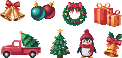 Christmas illustration set, festive icons, holiday decorations, seasonal symbols, joyful celebration, traditional elements, 