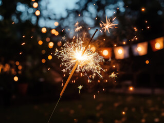 A Star Sparkler Brightening the Night with the American Flag in View