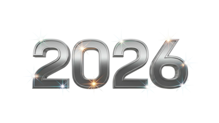 Three dimensional metallic numerals display the year twenty twenty six against a black background