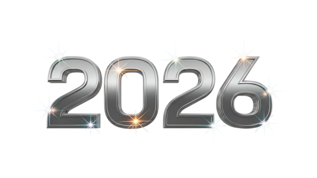 Three dimensional metallic numerals display the year twenty twenty six against a black background