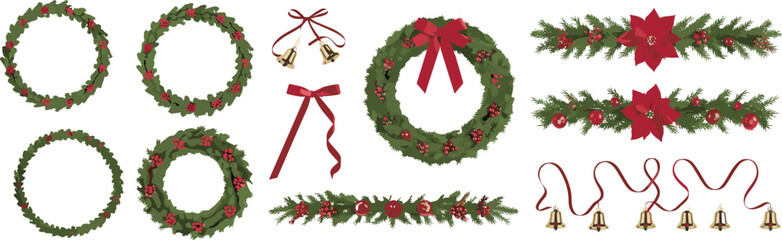 Christmas wreaths and garlands, festive holiday decorations, poinsettia and bell elements, vector design assets, cad drawing flat vector illustration