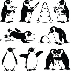 Obraz premium Collection of black and white penguin illustrations in various poses and activities