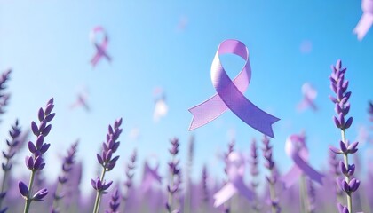 Purple ribbons soar in the sky, symbolizing hope and solidarity for National Cancer Prevention Month and World Cancer Day