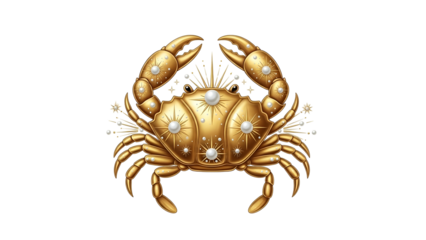 Ornate golden depiction of the crab zodiac symbol against a stark black background