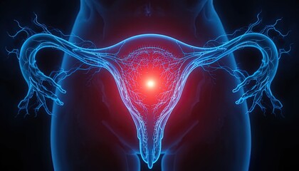 Uterus anatomy illustration with glowing veins and arteries for medical education and women's health awareness campaigns about reproductive system
